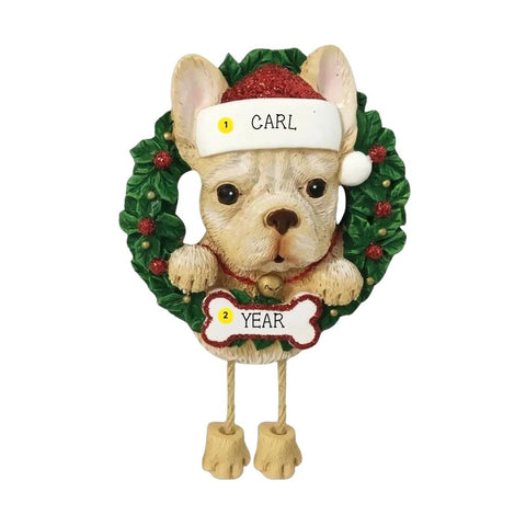 Personalized French Bulldog ornament example with name on Santa hat and year on bone-shaped plaque