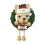 Personalized French Bulldog ornament example with name on Santa hat and year on bone-shaped plaque