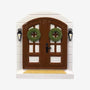 Personalized farmhouse door ornament with brown double doors, green wreaths, lanterns, and blank front step