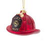 Personalized firefighter helmet glass ornament with red helmet, black fire department shield, glitter accents, gold cap, and hanging cord.