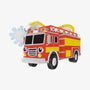 Blank red and yellow firetruck ornament with headlight eyes, silver ladder, yellow hose, blue water splash, and open space for personalization.