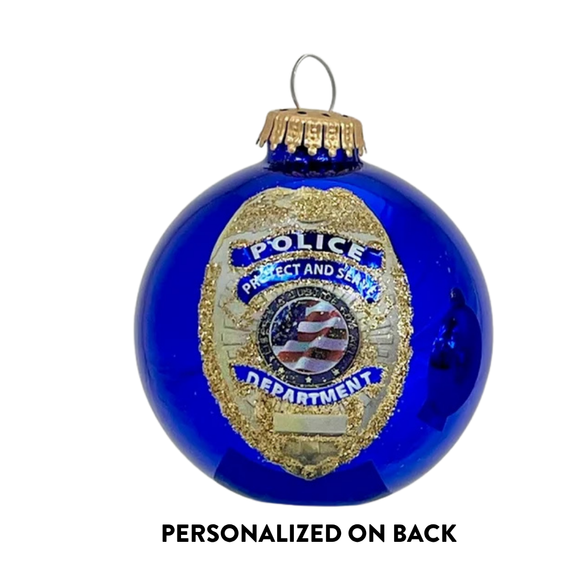 Personalized blue Police Department glass ornament with gold police badge design