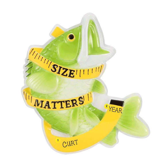 Personalized fish size matters ornament with a name on the measuring tape and space for a year near the tail.