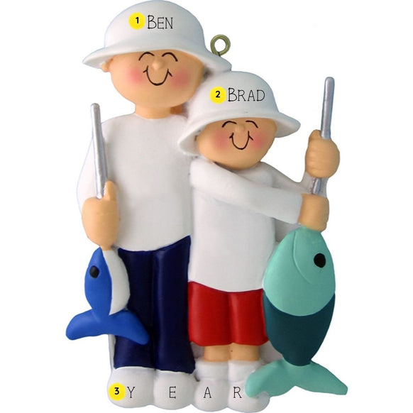 Ornament of 2 characters holding fishing rods with fish, wearing hats labeled personalized with name and year. 