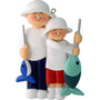 Ornament of two characters holding fishing rods and fish on a white background.