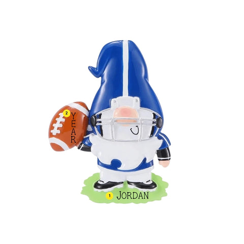 Personalized football player gnome ornament with a name on the grass base and space for a year on the football.