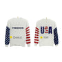 White sweatshirt with American flag design on sleeves and text on a white background