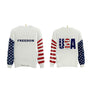 White sweatshirt with American flag design and 'FREEDOM' and 'USA' text on a white background