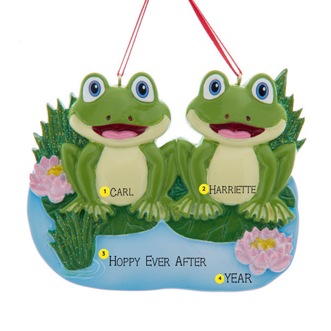 Personalized frog pond family of two ornament showing names, a couple phrase, and the year.