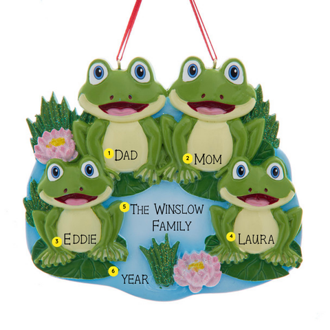 Personalized frog pond family of four ornament showing individual names, family wording, and the year.