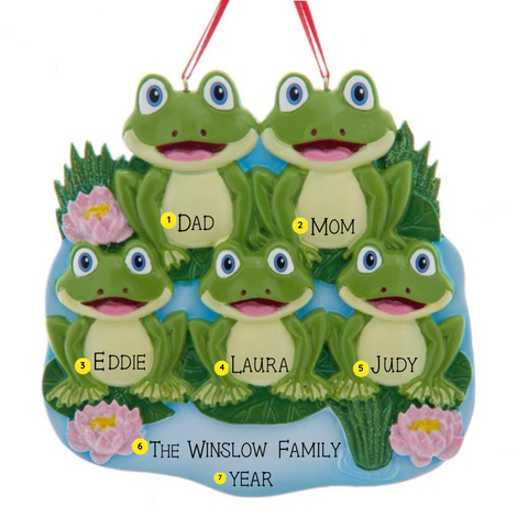 Personalized frog pond family of five ornament showing individual names, family wording, and the year.