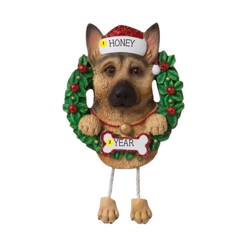 Personalized German Shepherd ornament example with name on Santa hat and year on bone-shaped plaque