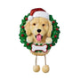 Personalized Golden Doodle ornament with Santa hat, Christmas wreath, and blank bone-shaped name plaque