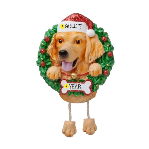 Personalized Golden Retriever ornament example with name on Santa hat and year on bone-shaped plaque
