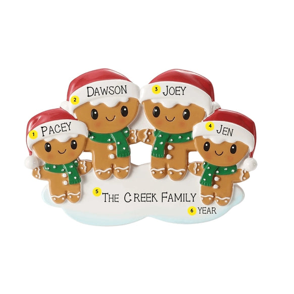 Personalized gingerbread family of four ornament with names on the Santa hat brims, a family name or phrase on the snowy base, and the year added near the bottom.