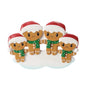Gingerbread family of four ornament with four smiling gingerbread people in Santa hats and green scarves, gathered on a snowy base.