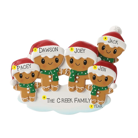 Personalized gingerbread family of five ornament with names on the Santa hat brims, a family name or phrase on the snowy base, and the year added near the bottom.