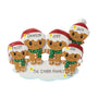 Personalized gingerbread family of five ornament with names on the Santa hat brims, a family name or phrase on the snowy base, and the year added near the bottom.