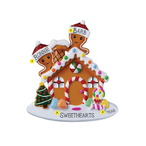 Gingerbread house family of 2 ornament personalizing example with two names, family title, and year