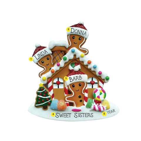 Gingerbread house family of 3 ornament personalizing example with three names, family title, and year