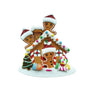 Personalized gingerbread house family of 3 ornament with three gingerbread figures, Santa hats, snowy roof, and candy decorations