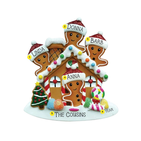 Gingerbread house family of 4 ornament personalizing example with four names, family title, and year