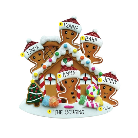Gingerbread house family of 5 ornament personalizing example with five names, family title, and year