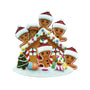 Personalized gingerbread house family of 5 ornament with five gingerbread figures, Santa hats, snowy roof, and candy decorations
