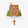 Gingerbread first home ornament with frosted roof, candy details, green Christmas trees, and a dangling gingerbread key.