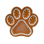 Gingerbread paw print ornament with white icing details, dotted accents, and a large center paw pad.