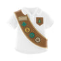 Personalized Brownie vest ornament with a white uniform shirt, brown sash, badges, and troop-style pocket detail.