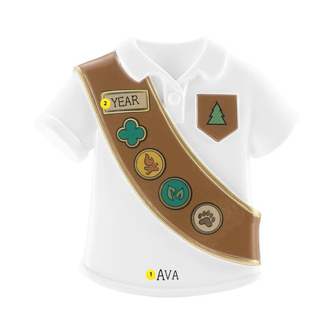 Personalized Brownie vest ornament with a name on the shirt and the year written on the sash.