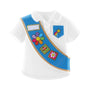 Personalized Daisy vest ornament with a white uniform shirt, blue sash, colorful badges, and troop-style pocket detail.
