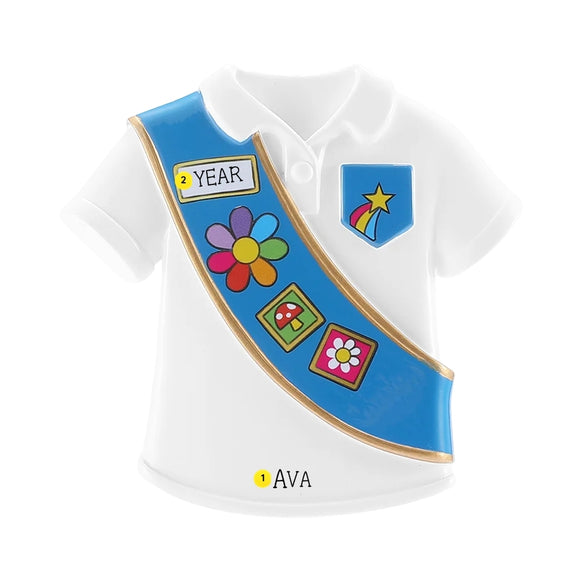 Personalized Daisy vest ornament with a name on the shirt and the year written on the sash.