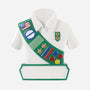 Girl Scout uniform ornament with a white shirt, green sash, colorful badges, flag patch, and blank name banner.