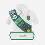 Personalized Girl Scout uniform ornament with a name on the bottom banner, troop number on the sash, and year on a small sash patch.