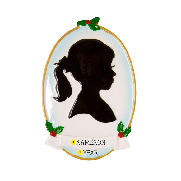 Personalized girl silhouette Christmas ornament with the name Kameron and year example on the white banner.