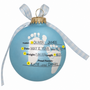 Back of blue Baby’s First Christmas ornament personalized with baby name, birth date, time, weight, length, and parents