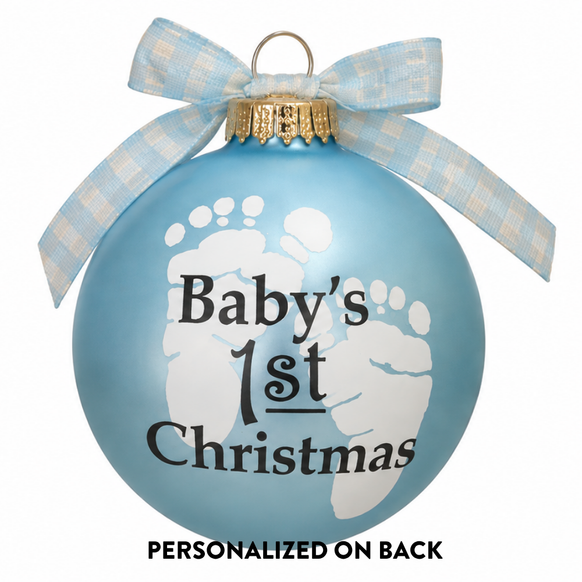 Front of blue Baby’s First Christmas ornament with white footprints and Baby’s 1st Christmas design