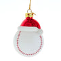 Glass baseball Christmas ornament with white ball design, red stitching, shiny red Santa hat, white glitter trim, and gold hanging cord.