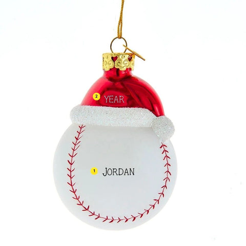 Personalized glass baseball ornament with red Santa hat, white glitter trim, red stitching, and name and year personalization guide.