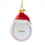 Personalized glass baseball ornament with red Santa hat, white glitter trim, red stitching, and name and year personalization guide.