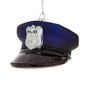 Glass police officer hat Christmas ornament featuring a navy cap, glossy black brim, silver police badge, and silver hanging string.