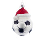 Personalized glass soccer ball ornament with black and white panels, red Santa hat, glittery white trim, silver cap, and hanging cord.