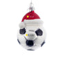 Personalized glass soccer ball ornament with black and white panels, red Santa hat, glittery white trim, silver cap, and hanging cord.