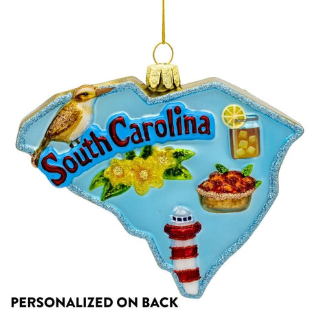 Front view of Personalized Glass South Carolina Ornament showing local icons on the front with personalized on back text.