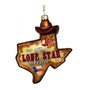 Back of personalized glass Texas ornament shaped like Texas with colorful state-themed artwork including Texas wording, icons, and space for personalization.