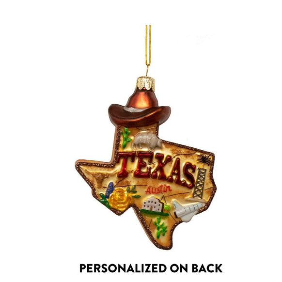 Personalized glass Texas ornament shaped like the state of Texas with a cowboy hat, Lone Star State wording, and space for a name and year.