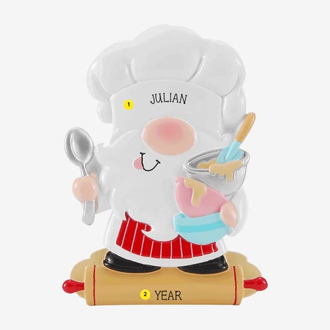 Personalized gnome baking ornament with a name on the chef hat and space for a year on the rolling pin.
