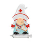 Gnome nurse ornament with a white medical hat, red cross, stethoscope, clipboard, and syringe base.